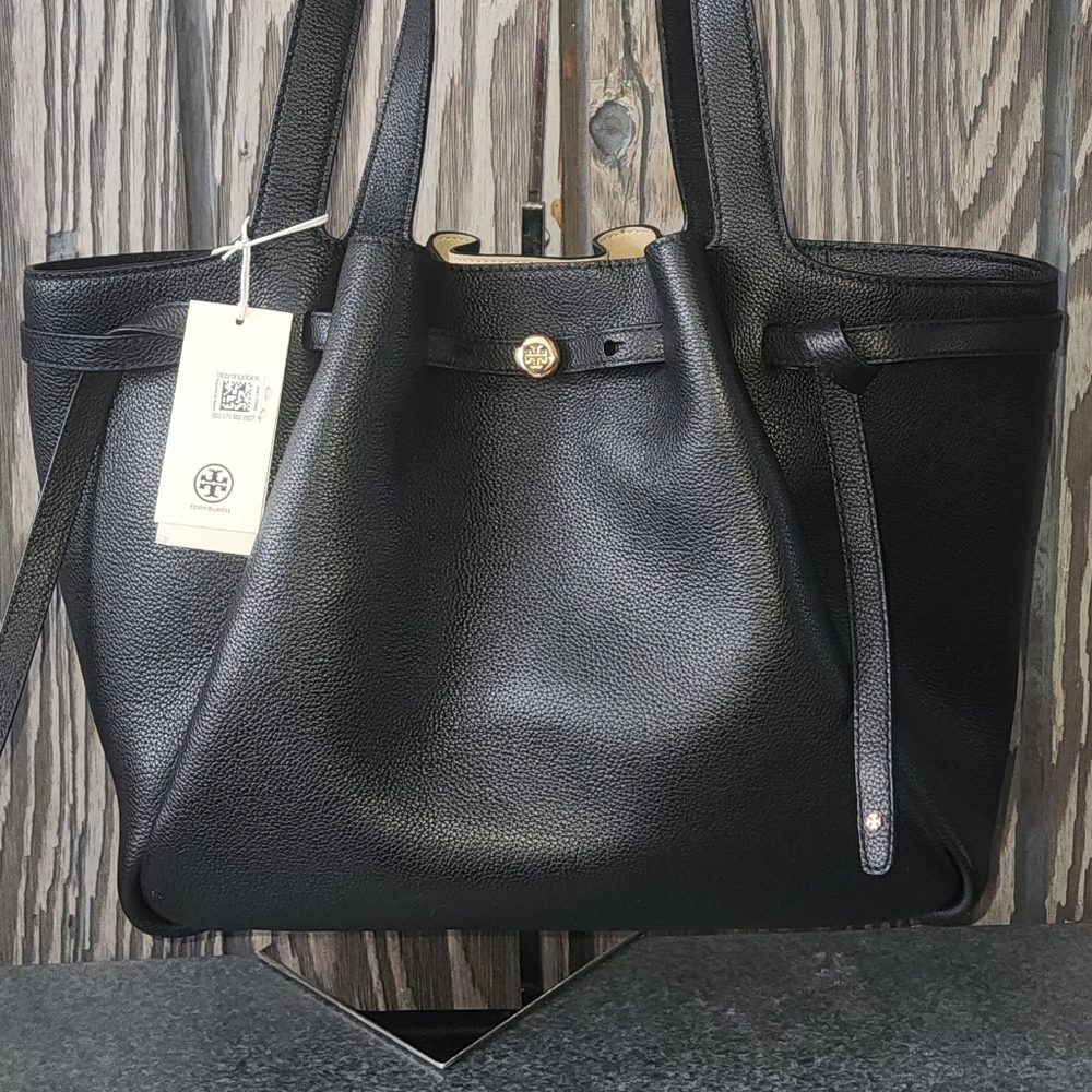 Tory Burch Black Pebbled Leather Tote with Gold Logo Button